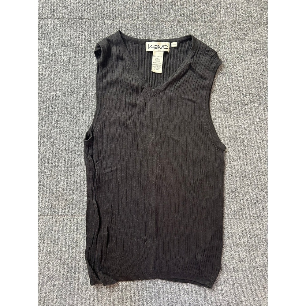 Kevo Sweater Tank Women L Black 100% Silk Ribbed V-Neck Sleeveless Knit Top